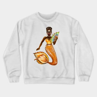 mermaid with gold scales and fan, tiara, necklace,brown eyes curly Afro hair and dark brown skin. Black mermaid Crewneck Sweatshirt